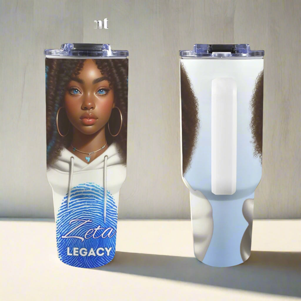 A blue stainless steel tumbler with a Zeta Phi Beta logo and a side handle.